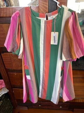 entro Vertical Stripe Blouse in Green, Coral, Pink, Cream